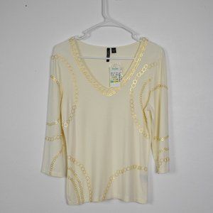 Venini V Neck Gold Ring Chain 3/4 Sleeve Top